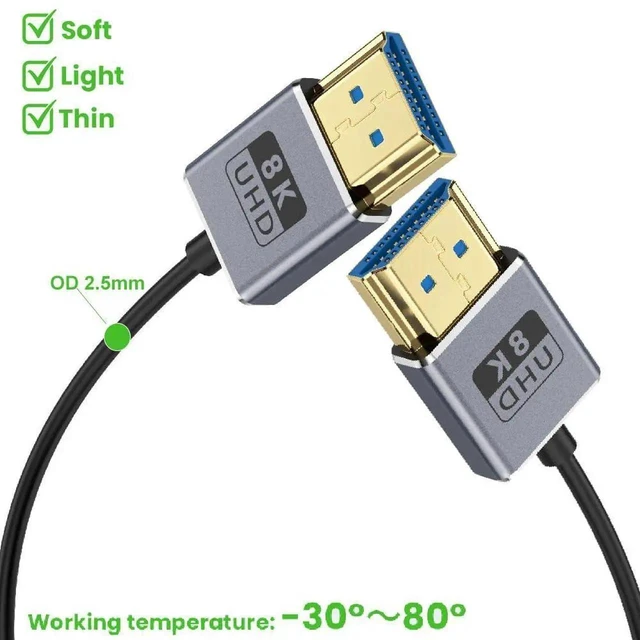 Alt view image 2 of 7 - 1ft Mini HDMI to HDMI 8K@60Hz Cable, 48Gbps Right Angle Mini HDMI to Straight HDMI 2.1 Coaxial Cord, OD 2.5mm Ultra Thin UHD Cable
