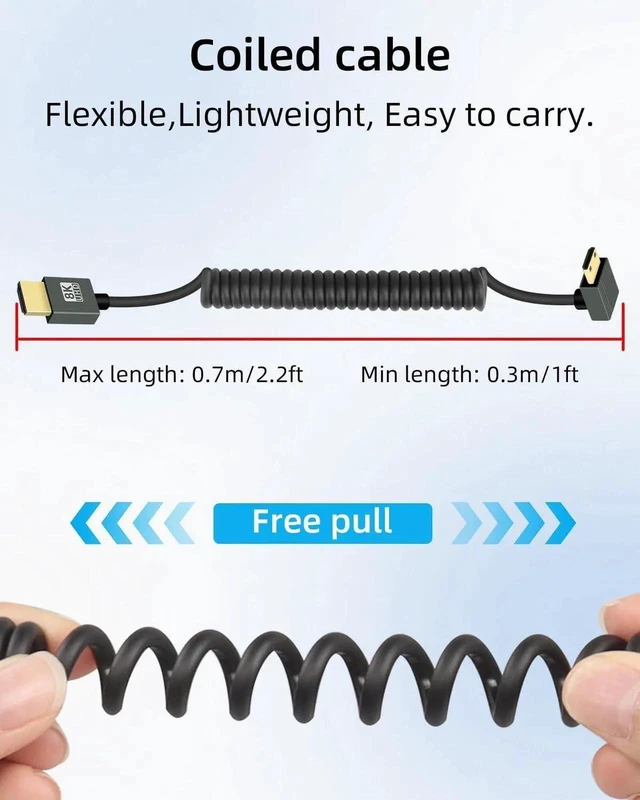 Alt view image 7 of 7 - 2.2FT 270 Degree Up Angle Mini HDMI to HDMI Coiled Cable, HDMI 2.1 48Gbps 8K@60Hz Spring Spiral Cord for Camera Camcorder HDTV Tablet