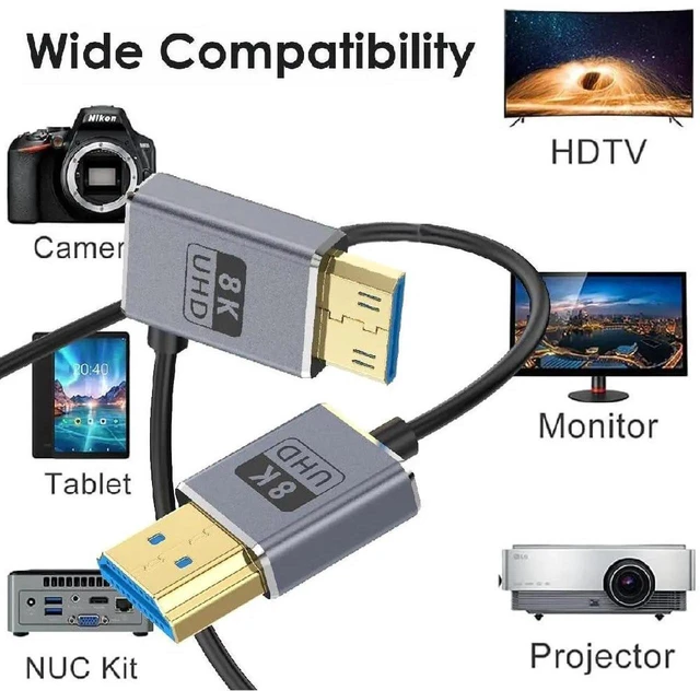 Alt view image 4 of 7 - 1ft Mini HDMI to HDMI 8K@60Hz Cable, 48Gbps Right Angle Mini HDMI to Straight HDMI 2.1 Coaxial Cord, OD 2.5mm Ultra Thin UHD Cable