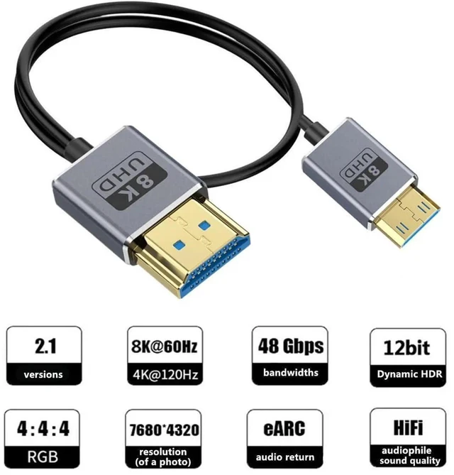 Alt view image 7 of 7 - 1ft Mini HDMI to HDMI 8K@60Hz Cable, 48Gbps Right Angle Mini HDMI to Straight HDMI 2.1 Coaxial Cord, OD 2.5mm Ultra Thin UHD Cable