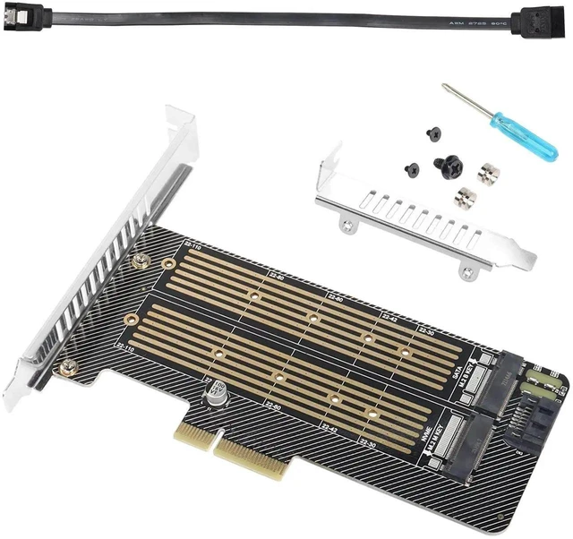 Main image of M.2 NVMe to PCIe Adapter Card, Dual M.2 M-Key NVMe + B-Key SATA SSD PCIe 3.0 Expansion Card, Support 2230 2242 2260 2280 22110 M.2 SSD