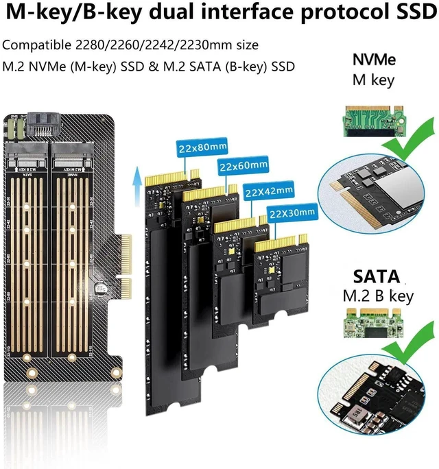 Alt view image 6 of 7 - M.2 NVMe to PCIe Adapter Card, Dual M.2 M-Key NVMe + B-Key SATA SSD PCIe 3.0 Expansion Card, Support 2230 2242 2260 2280 22110 M.2 SSD