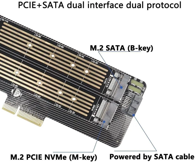 Alt view image 5 of 7 - M.2 NVMe to PCIe Adapter Card, Dual M.2 M-Key NVMe + B-Key SATA SSD PCIe 3.0 Expansion Card, Support 2230 2242 2260 2280 22110 M.2 SSD