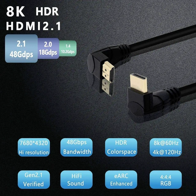 Alt view image 7 of 7 - 8K HDMI 2.1 Cable 0.6M 48Gbps Up Angle to Down Angle Male to Male Cord Supports 8K@60Hz 3D ARC for TV Monitor Projector PS5 Xbox