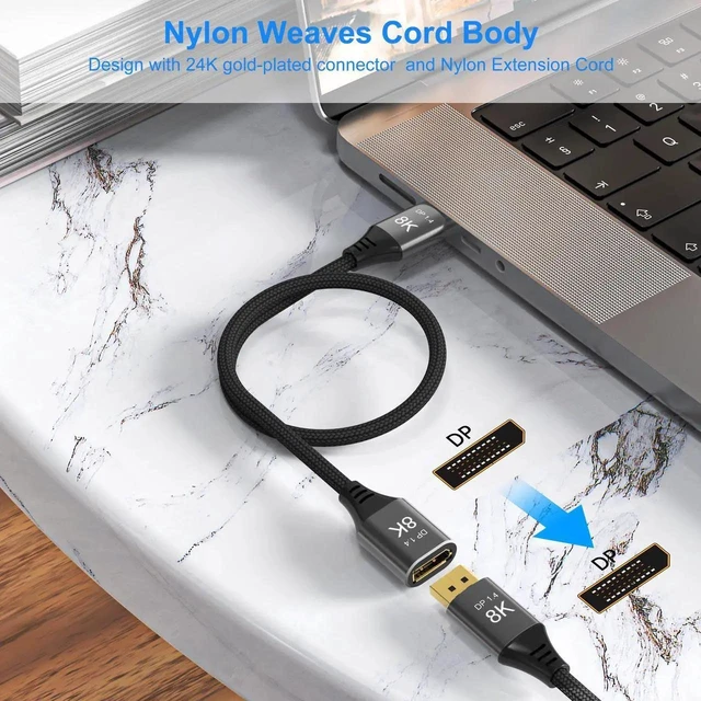 Alt view image 3 of 7 - 8K DisplayPort 1.4 Extension Cable 6Ft, Braided DP Male to Female Extender Cord, Supports 8K@60Hz 4K@120Hz 32.4Gbps HDR FreeSync G-Sync (Grey,6Ft)