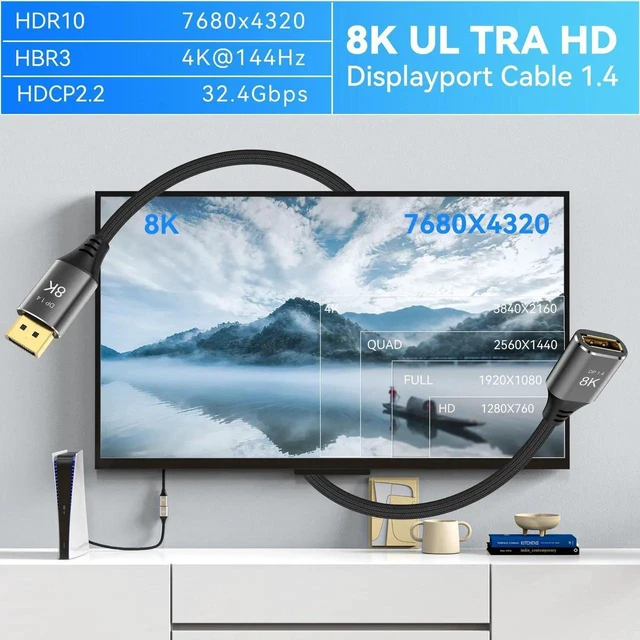 Alt view image 7 of 7 - 8K DisplayPort 1.4 Extension Cable 6Ft, Braided DP Male to Female Extender Cord, Supports 8K@60Hz 4K@120Hz 32.4Gbps HDR FreeSync G-Sync (Grey,6Ft)