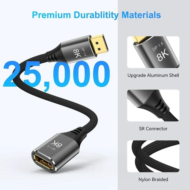 Alt view image 4 of 7 - 8K DisplayPort 1.4 Extension Cable 6Ft, Braided DP Male to Female Extender Cord, Supports 8K@60Hz 4K@120Hz 32.4Gbps HDR FreeSync G-Sync (Grey,6Ft)