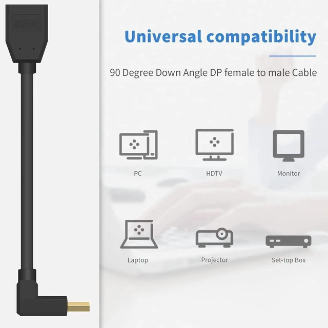 Alt view image 6 of 6 - 15cm 90 Degree Down Angle DisplayPort 1.4 Extension Cable, 8K Ultra HD DP to DP Extender Cord Support 8K@60Hz 4K@144Hz for Video Audio Connection