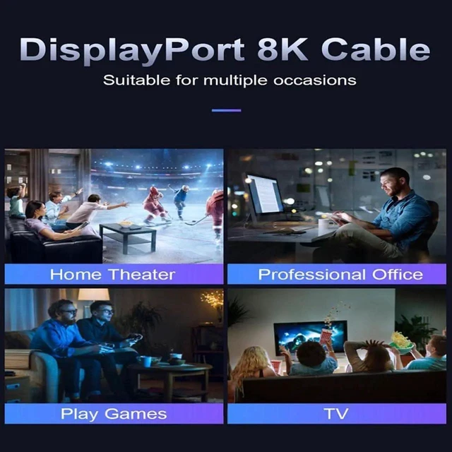 Alt view image 3 of 7 - DisplayPort Cable 1.4, 4.92FT DP Cable, Ultra HD 8K@60Hz 4K@144Hz, High Speed 32.4Gbps HDCP 3D Slim and Flexible DP to DP Cable for HDTVs, Displays, Monitors, Graphics, PC