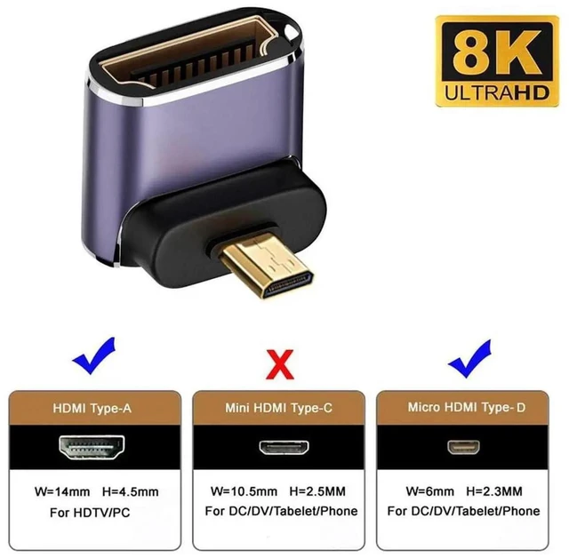 Alt view image 7 of 7 - 90 Degree Down Angled Micro HDMI 2.1 Adapter, 8K@60Hz Gold Plated Micro HDMI Male to HDMI Female UHD Extension Converter for HDTV Camera Laptop Portable Monitor