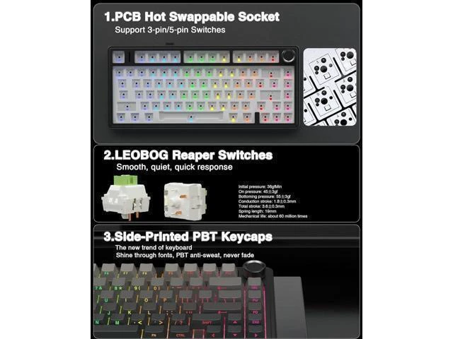Alt view image 5 of 7 - AULA F75 Pro Wireless Mechanical Keyboard,75% Gasket Hot Swappable Custom Keyboard,RGB Backlit,Pre-lubed Reaper Switches,Side Printed PBT Keycaps,2.4GHz/USB-C/BT5.0 Mechanical Gaming Keyboard