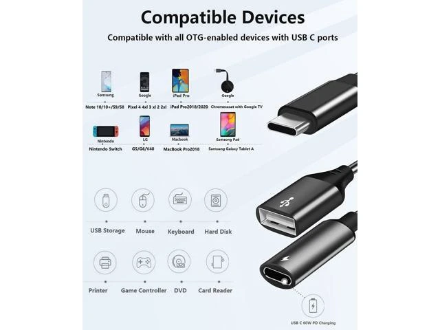Alt view image 5 of 7 - USB C OTG Adapter with Power USB C to USB Female with 60W PD Charging OTG Adapter for S21/S20/S20+/Note 10+ iPad Pro Google Chromecast with Google TV Android LG V40 30 XPS-2 Pack
