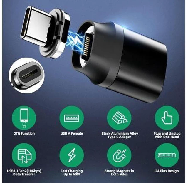 Alt view image 2 of 7 - USB C to USB Magnetic Adapter 24Pins USB C Male to USB A Female Adapter 2 Pack with PD 60w Charge 10Gbps USB3.1/USB3.0 for MacBook Pro/Air and More Type C Devices