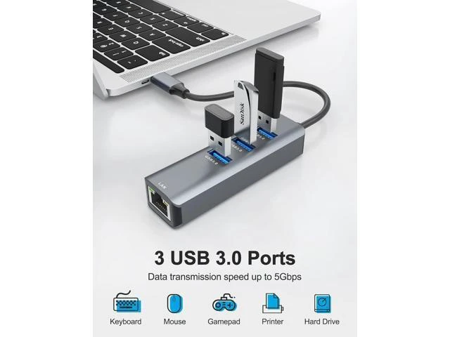 Alt view image 3 of 7 - USB C to Ethernet Adapter 4-in-1 RJ45 to USB-C/Thunderbolt 3 to Gigabit Ethernet LAN Network Adapter for MacBook Pro/Air 2023/2024 iPad Pro iPhone 15/16 Pro/Max Chromebook XPS Surface Book