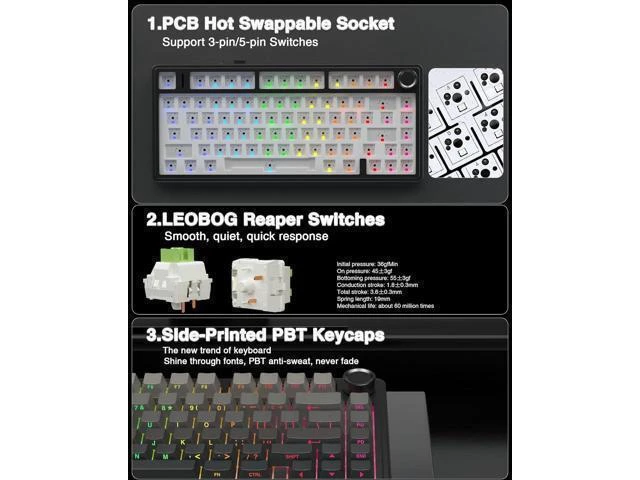 Alt view image 5 of 7 - AULA F75 Pro Wireless Mechanical Keyboard,75% Gasket Hot Swappable Custom Keyboard,RGB Backlit,Pre-lubed Reaper Switches,Side Printed PBT Keycaps,2.4GHz/USB-C/BT5.0 Mechanical Gaming Keyboard