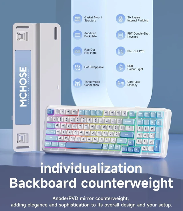 Alt view image 5 of 5 - MCHOSE K99 98% Wireless Mechanical Keyboard, Tri-Mode Connection, Compact Gaming Keyboard with Six-Layer Padding Gasket, RGB Backlit,Hot Swappable Custom Keyboard for Mac/PC