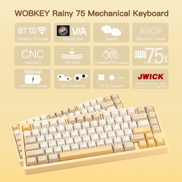 Alt view image 2 of 5 - KEEBMONKEY WOBKEY Rainy 75 CNC Aluminum HMX/JWK/Cocoa Switches Triple-Mode Connectivity Mechanical Keyboard with Superior Acoustics, RGB/FR4/Silver SUS304/7000mAh/WOB Switch (Pro - Yellow)