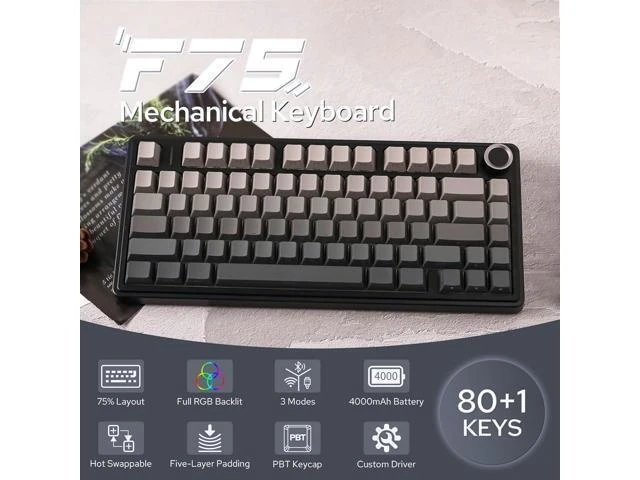 Alt view image 2 of 7 - Aula F75 Gasket Mechanical Keyboard, 75% Wireless Hot Swappable Gaming Keyboard with Five-Layer Padding&Knob, Bluetooth/2.4GHz/USB-C, RGB (Black Gradient, LEOBOG Reaper Switch)