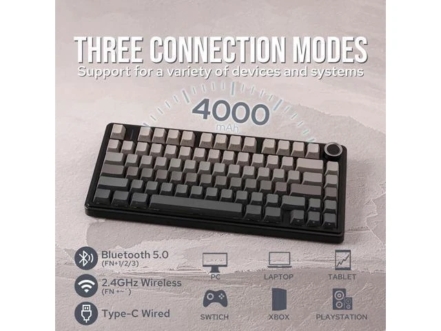 Alt view image 3 of 7 - Aula F75 Gasket Mechanical Keyboard, 75% Wireless Hot Swappable Gaming Keyboard with Five-Layer Padding&Knob, Bluetooth/2.4GHz/USB-C, RGB (Black Gradient, LEOBOG Reaper Switch)