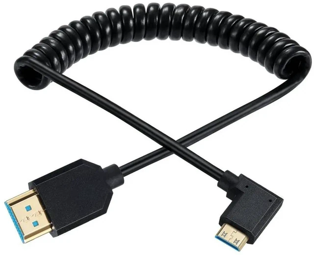 Main image of Left Angle Mini HDMI to HDMI Coiled Cable 4FT 8K HDMI 2.1 Spring Cord 8K@60Hz 4K@120Hz High Speed for Camera Laptop Graphics Card Tablet Monitor