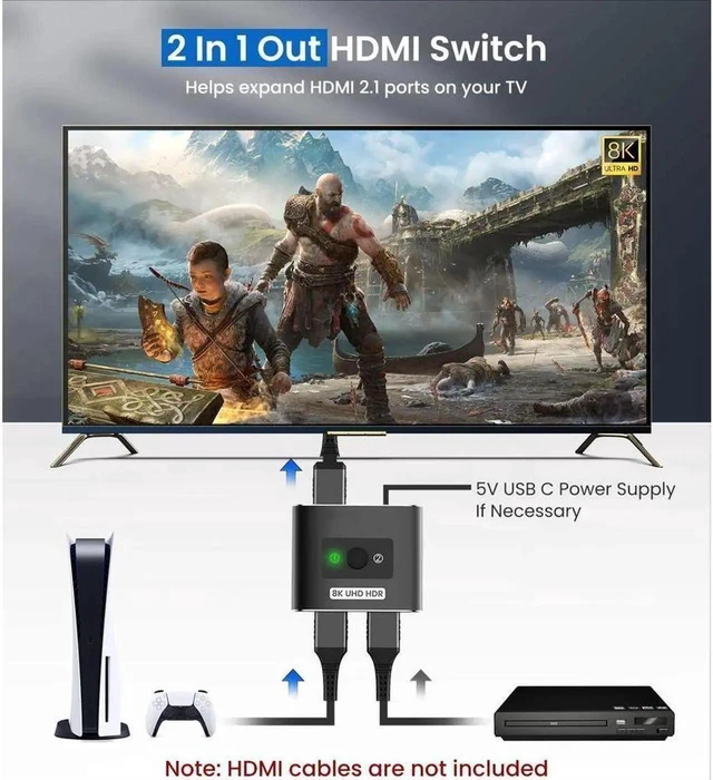 Alt view image 3 of 7 - 8K HDMI 2.1 Bi-Directional Switcher Splitter, 48Gbps 8K@60Hz 4K@120Hz HDR Aluminum Adapter 2 in 1 Out / 1 in 2 Out for PS5, Xbox Series X, TV, Monitor