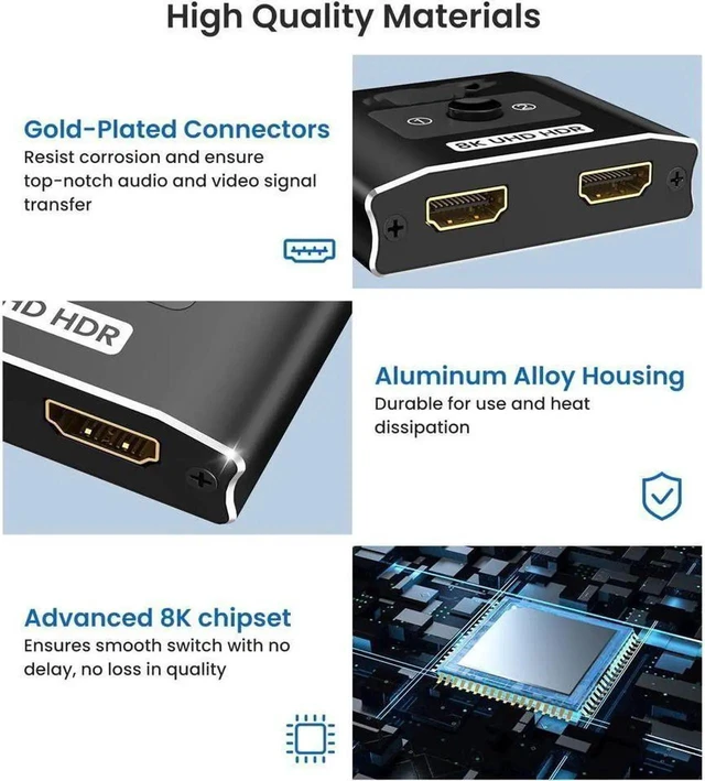 Alt view image 7 of 7 - 8K HDMI 2.1 Bi-Directional Switcher Splitter, 48Gbps 8K@60Hz 4K@120Hz HDR Aluminum Adapter 2 in 1 Out / 1 in 2 Out for PS5, Xbox Series X, TV, Monitor