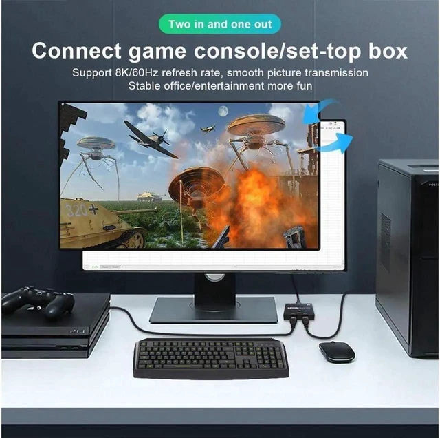 Alt view image 4 of 7 - HDMI 2.1 Ultra 8K Bi-Directional Switch Splitter 8K@60Hz 4K@120Hz 48Gbps 1 in 2 Out / 2 in 1 Out for Xbox, PS5, Projectors, Monitors