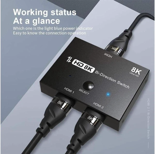 Alt view image 6 of 7 - HDMI 2.1 Ultra 8K Bi-Directional Switch Splitter 8K@60Hz 4K@120Hz 48Gbps 1 in 2 Out / 2 in 1 Out for Xbox, PS5, Projectors, Monitors