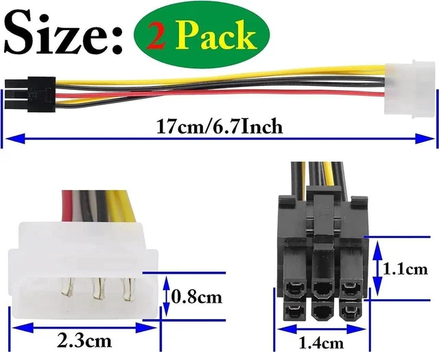 Alt view image 3 of 7 - 2 Pack 17cm 4Pin Molex to 6Pin PCIe GPU Power Adapter Cable, Male to Male Graphics Card Power Conversion Cord