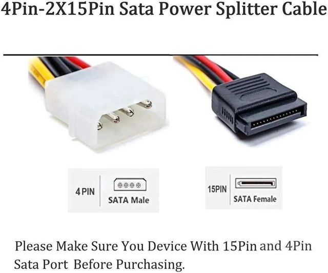 Alt view image 2 of 7 - 5PCS 4 Pin Molex to 2 x 15 Pin SATA Power Y Cable, 8 Inch IDE Molex to Dual SATA Power Adapter Extension Cord for PC Hard Drive