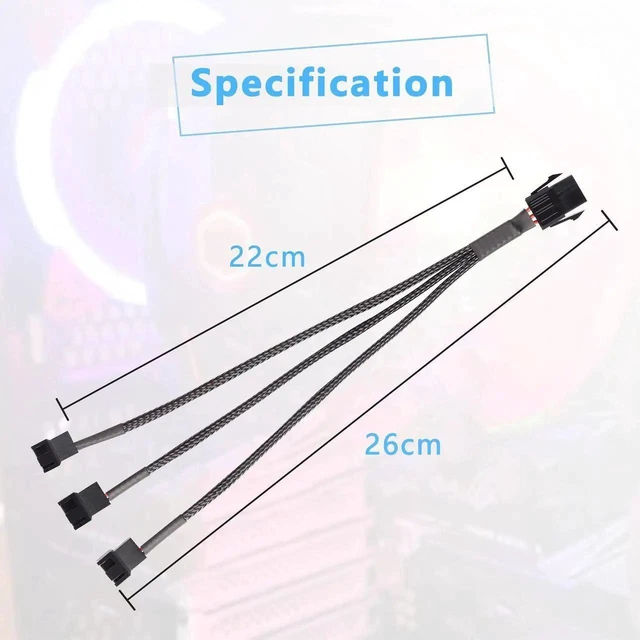 Alt view image 5 of 7 - 6 Pin PCI-E to 3 Port 3/4Pin Fan Splitter Cable, Black Sleeved PCIe 6Pin Male to 3×3Pin 4Pin PC Case Cooling Fan Y Adapter Power Converter Cable