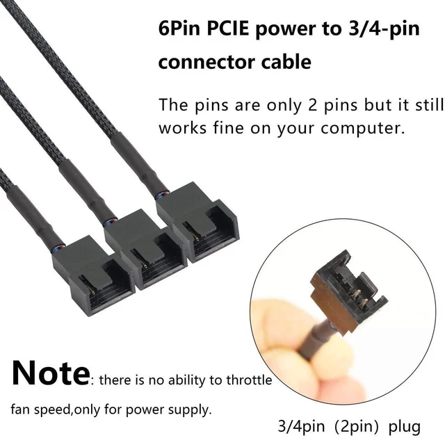 Alt view image 2 of 7 - 6 Pin PCI-E to 3 Port 3/4Pin Fan Splitter Cable, Black Sleeved PCIe 6Pin Male to 3×3Pin 4Pin PC Case Cooling Fan Y Adapter Power Converter Cable