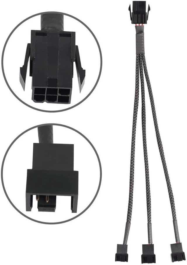 Alt view image 4 of 7 - 6 Pin PCI-E to 3 Port 3/4Pin Fan Splitter Cable, Black Sleeved PCIe 6Pin Male to 3×3Pin 4Pin PC Case Cooling Fan Y Adapter Power Converter Cable