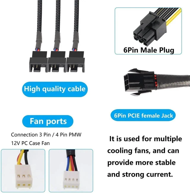 Alt view image 6 of 7 - 6 Pin PCI-E to 3 Port 3/4Pin Fan Splitter Cable, Black Sleeved PCIe 6Pin Male to 3×3Pin 4Pin PC Case Cooling Fan Y Adapter Power Converter Cable
