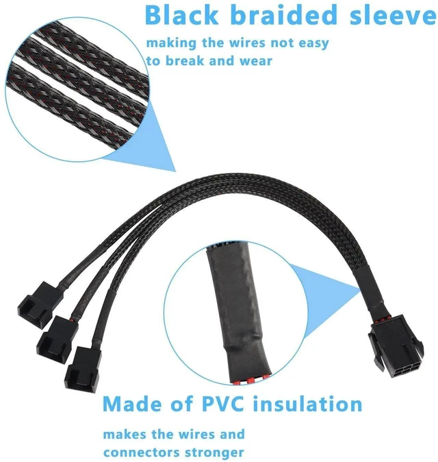 Alt view image 7 of 7 - 6 Pin PCI-E to 3 Port 3/4Pin Fan Splitter Cable, Black Sleeved PCIe 6Pin Male to 3×3Pin 4Pin PC Case Cooling Fan Y Adapter Power Converter Cable