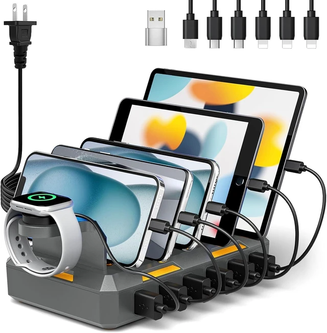 Alt view image 8 of 14 - Charging Station for Multiple Devices, Honcila 50W Multiple Charger Station Charging Dock for iPhone iPad Cell Phone Tablet and More - 6 Port Multi Charging Station with 6 Mixed Cables (Space Gray)