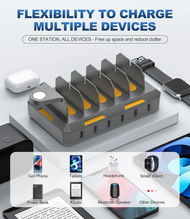 Alt view image 10 of 14 - Charging Station for Multiple Devices, Honcila 50W Multiple Charger Station Charging Dock for iPhone iPad Cell Phone Tablet and More - 6 Port Multi Charging Station with 6 Mixed Cables (Space Gray)