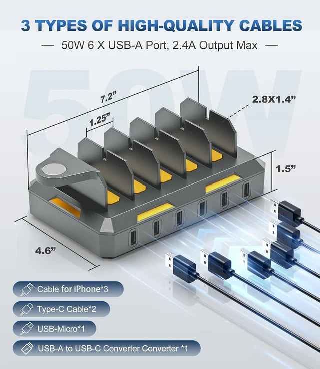Alt view image 12 of 14 - Charging Station for Multiple Devices, Honcila 50W Multiple Charger Station Charging Dock for iPhone iPad Cell Phone Tablet and More - 6 Port Multi Charging Station with 6 Mixed Cables (Space Gray)