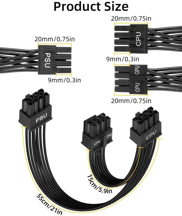Alt view image 3 of 7 - 60CM+20CM 18AWG Black CPU 8Pin to 4+4Pin Power Cable, Male to Male Modular CPU Power Cord Compatible with Corsair Power Supply