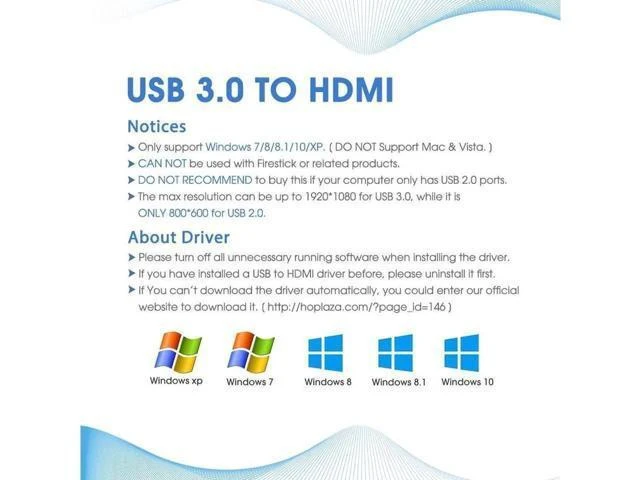 Alt view image 14 of 14 - USB to HDMI Adapter USB 3.0 to HDMI Converter 1080P HD Display Audio Video Converter for Windows 7 8 10 Computer ONLY ( NOT SUPPORT MAC/Linux/Vista )
