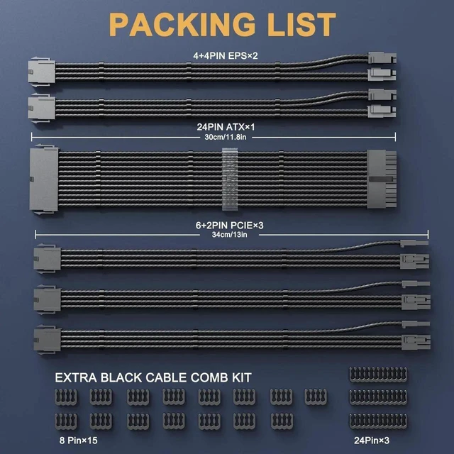 Alt view image 2 of 7 - 18AWG PSU Cable Extension Kit Black Nylon Braided, 12 Inch ATX 24Pin EPS 8Pin PCIe 8Pin Power Supply Extension Cords with Pre-Bent Shape & Dual Cable Combs for Desktop PC Gaming