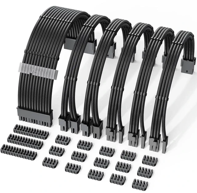 Main image of 18AWG PSU Cable Extension Kit Black Nylon Braided, 12 Inch ATX 24Pin EPS 8Pin PCIe 8Pin Power Supply Extension Cords with Pre-Bent Shape & Dual Cable Combs for Desktop PC Gaming