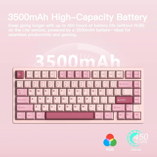 Alt view image 9 of 12 - WOBKEY Rainy 75 CNC Aluminum HMX/JWK/Cocoa Switches Triple-Mode Connectivity Mechanical Keyboard with Superior Acoustics, RGB/PP/Mirrored Glass/3500mAh/Violet Switch (Standard - Pink)