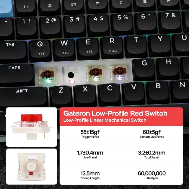 Alt view image 10 of 14 - Luma84 Low Profile Aluminum Mechanical Keyboard, QMK/VIA Programmable, Tri-Mode Wireless, Win/MAC/Linux Compatible, RGB Backlight (Black&Blue, Gateron Low-Profile Red Switch)