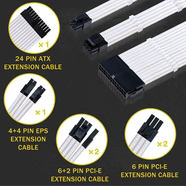 Alt view image 5 of 7 - 6 Pack Braided ATX Sleeved Cable Extension Kit, PSU Power Supply Extension Cables 24Pin / 8Pin / 6Pin / 4+4Pin with 24PCS Cable Combs, Custom PC Modding Cable Set