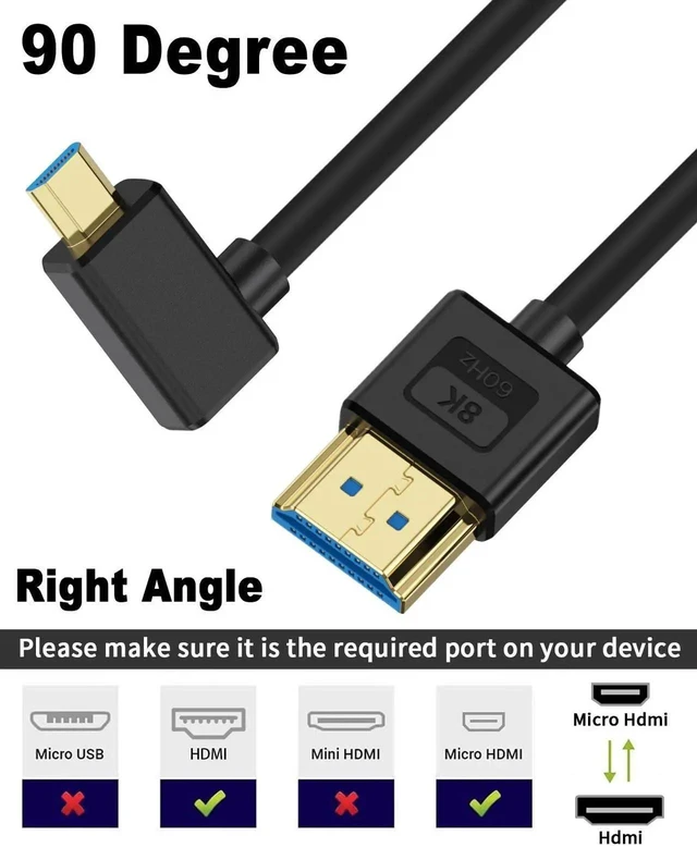 Alt view image 7 of 7 - 1ft Right Angle 90 Degree Micro HDMI to HDMI Cable, 48Gbps 8K@60Hz 4K@120Hz Ultra Thin Short Flexible Cord, Compatible with Camera Camcorder Tablet Monitor HDTV