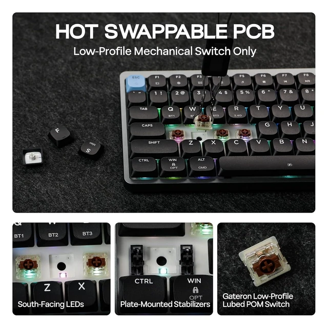 Alt view image 12 of 14 - Luma84 Low Profile Aluminum Mechanical Keyboard, QMK/VIA Programmable, Tri-Mode Wireless, Win/MAC/Linux Compatible, RGB Backlight (Black&Blue, Gateron Low-Profile Red Switch)