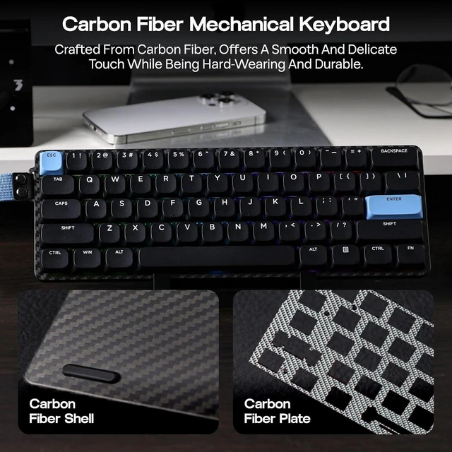 Alt view image 10 of 12 - Carbon60 QMK/VIA Wireless Mechanical Keyboard, 60% Compact Layout, Tri-Mode BT/2.4GHz/USB-C, Carbon Fiber Design, Hot Swappable (Gateron Low-Profile Red Switch)