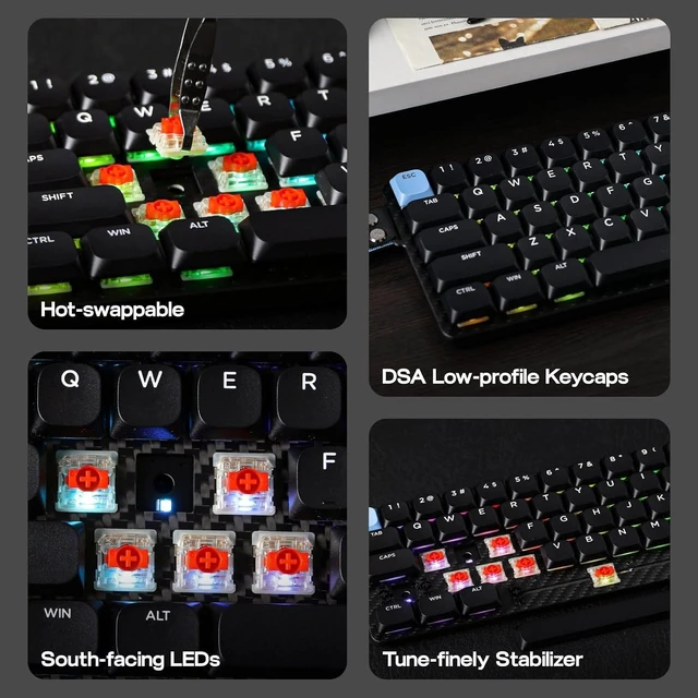Alt view image 12 of 12 - Carbon60 QMK/VIA Wireless Mechanical Keyboard, 60% Compact Layout, Tri-Mode BT/2.4GHz/USB-C, Carbon Fiber Design, Hot Swappable (Gateron Low-Profile Red Switch)