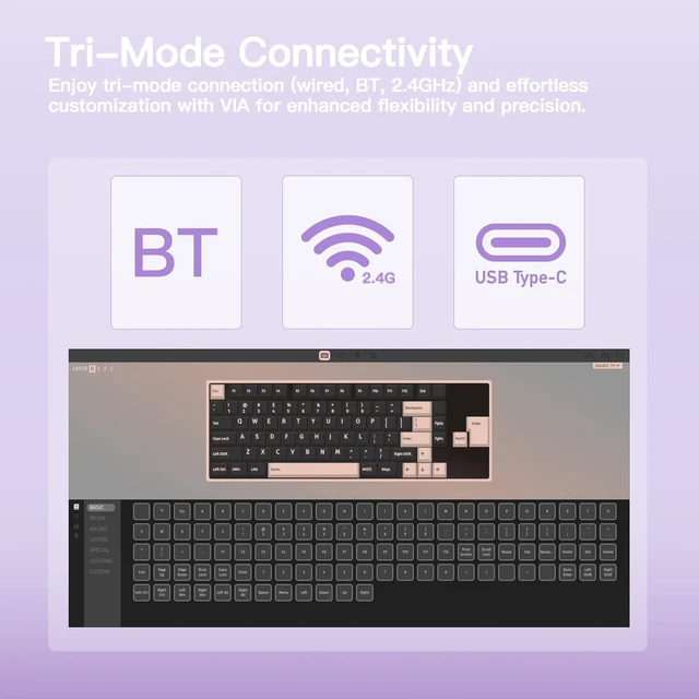 Alt view image 11 of 12 - WOBKEY Rainy 75 CNC Aluminum HMX/JWK/Cocoa Switches Triple-Mode Connectivity Mechanical Keyboard with Superior Acoustics, RGB/FR4/Silver SUS304/7000mAh/Cocoa Switch (Pro - Purple)